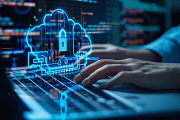 Innovative cloud security with data encryption and secure network connections, highlighted by blue and orange circuitry and a tech themed design