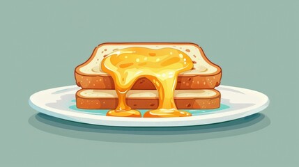 Artistic illustration of two slices of toast with melting butter and honey dripping down, set against a green background.
