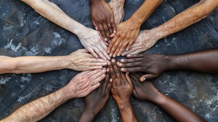 Circle of diverse hands on textured background. Unity and teamwork concept.