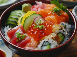 A colorful dish of Japanese chirashi sushi with assorted sashimi pieces, vegetables, and garnishes, served over a bed of sushi rice