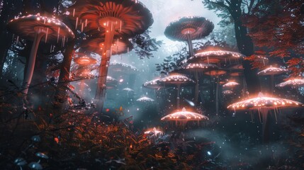 Cluster of assorted mushrooms growing in a mystical woodland setting