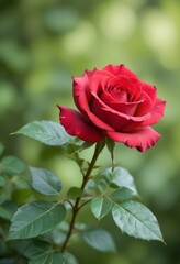 A vibrant red rose with green leaves against a blurred green background