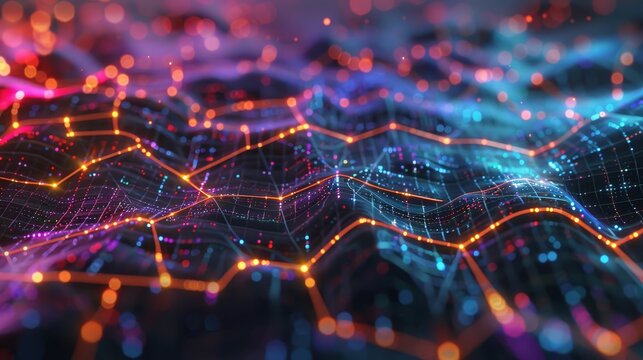 Detailed view of machine learning graphs and algorithms in a closeup shot, emphasizing accuracy and innovation, robotic tone, vivid color scheme