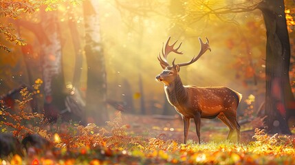 Artistic autumn deer in a colorful forest setting, illuminated by soft sunlight, creating a magical and serene atmosphere. - Powered by Adobe