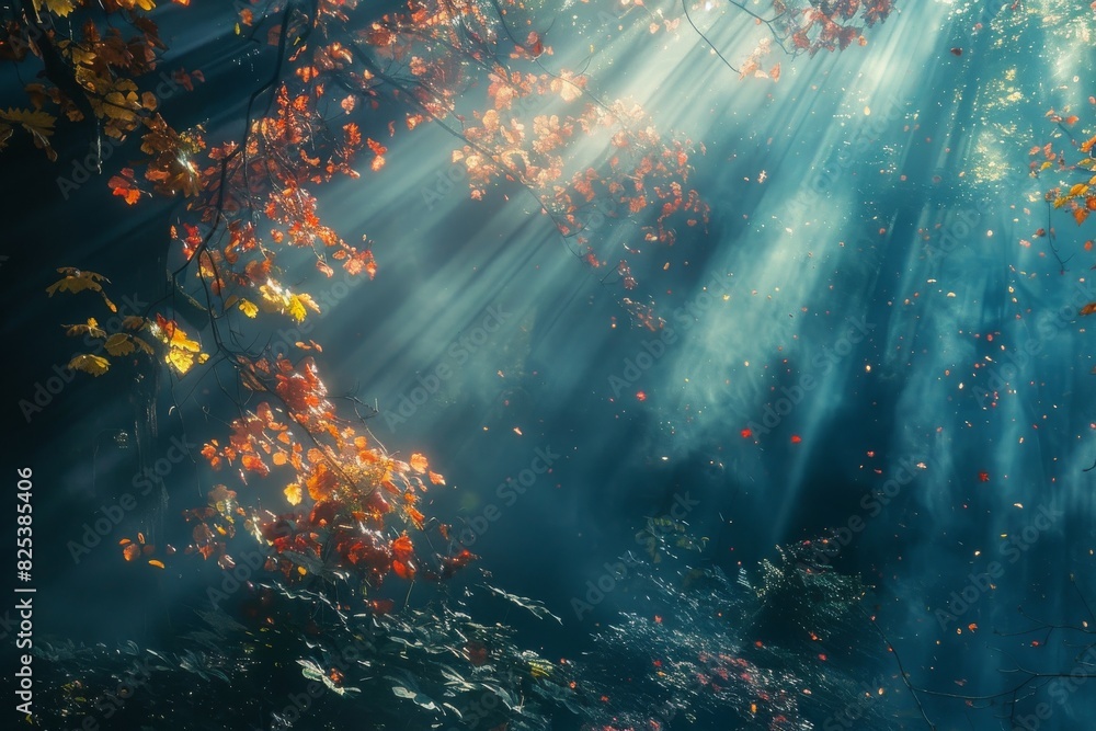 Poster sunlight filters through green leaves on a tree, creating a magical, enchanting display