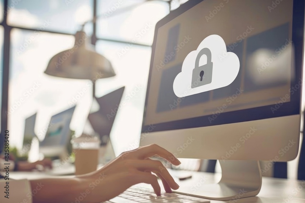 Poster modern cloud security with advanced data protection and device synchronization, depicted with blue a