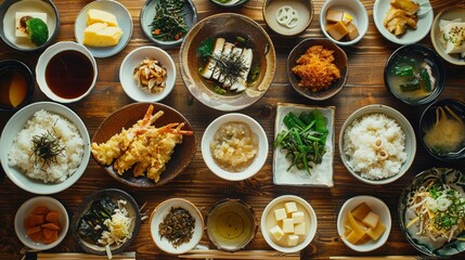 A traditional Japanese meal spread with dishes like tempura, miso soup, and rice, elegantly arranged on a wooden table
