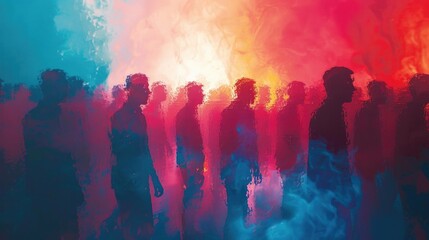 Abstract silhouettes of people walking through vibrant, colorful smoke creating a surreal and atmospheric effect.