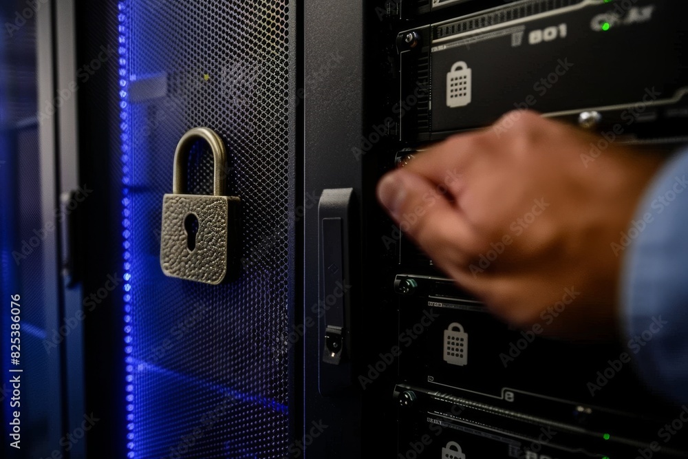 Poster high tech cloud security with data encryption and device protection, featuring blue and white elemen