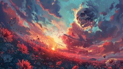 Skull surrounded by vibrant flowers in a meadow