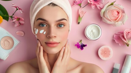 Woman with facial cream dots and towel turban surrounded by skincare products and flowers on a pink background. - Powered by Adobe