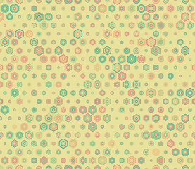 Geometric template background with multicolored geometric elements of varied sizes. Bold stacked rounded hexagons mosaic cells. Seamless vector illustration.