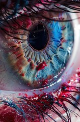 Close-up of a detailed, bloodshot eye with intense red and blue tones, showcasing intricate textures and depth.