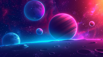 Fototapeta premium Illustration of the cosmic landscape of the galaxy with rocks, planets, many stars and asteroids in neon tones