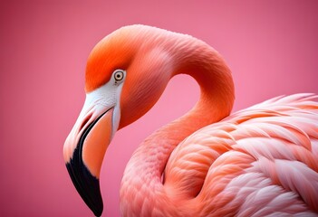 A flamingo with its distinctive long beak and neck against a blurred pink background