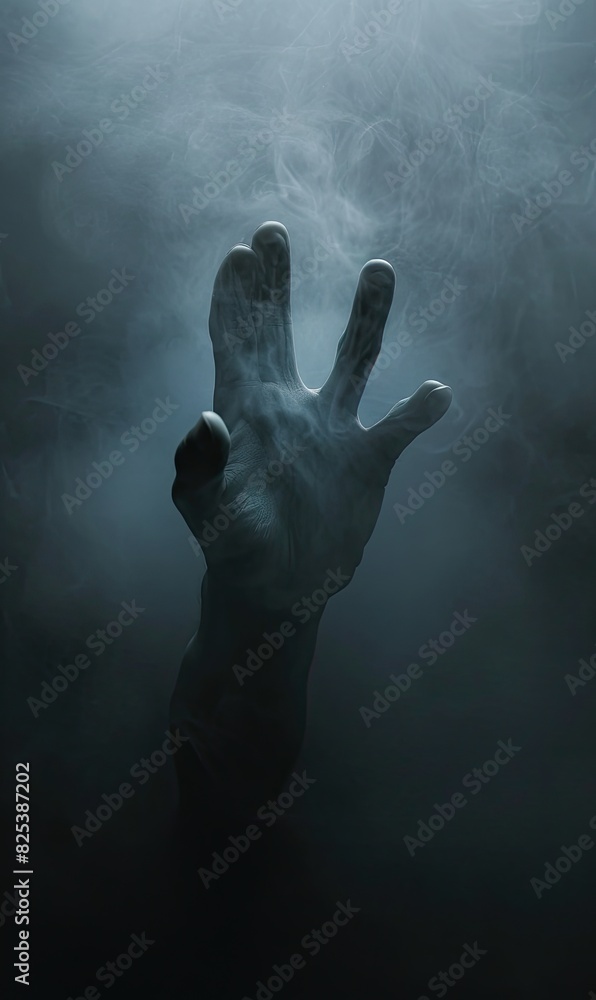 Sticker dramatic image of an eerie outstretched hand in foggy darkness, representing horror, mystery, and su - Stickers