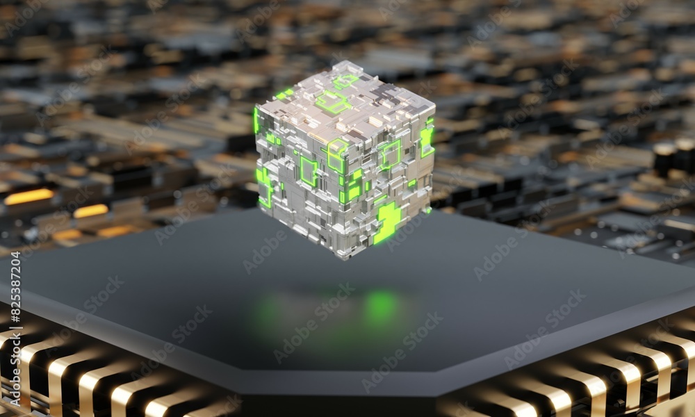 Aufkleber sci fi cube with green neon light on chip platform. abstract background with motherboard and chip in