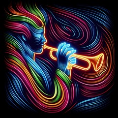 Neon Line Art of Musician Playing Trumpet