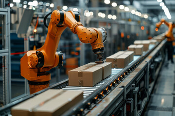 Robot arm sorting cardboard boxes on steel conveyor in warehouse.

