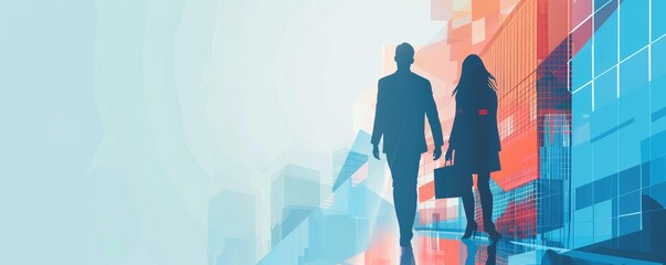 Silhouettes of business people walking in abstract modern cityscape. Vector illustration with geometric shapes and skyscrapers