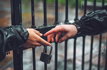 Close-up of hands securing a padlock to a gate on a rainy day, symbolizing security and protection.