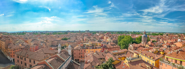 Stunning aerial panorama of Modena's historic downtown, captured from the iconic Ghirlandina bell...