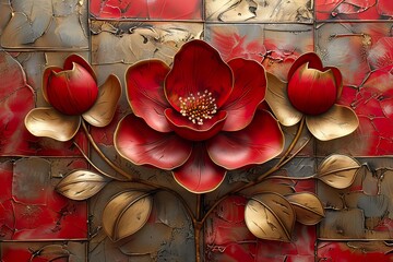 3 panel wall art, red and golden marble background with flower designs