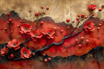 3 panel wall art, red and golden marble background with flower designs