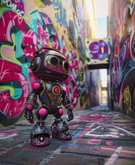 Colorful futuristic robot with headphones standing in graffiti alley, displaying a unique blend of urban and sci-fi aesthetics.