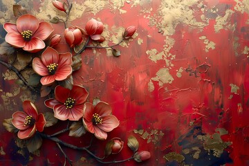 3 panel wall art, red and golden marble background with flower designs