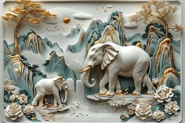 3 panel wall art, white and golden elephant, Chinese style, light luxury , 3D vector illustration