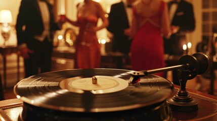Naklejka premium In a period drama a wealthy family throws a lavish party where guests dance to the smooth sounds of a jazz vinyl record playing on a vintage gramophone.
