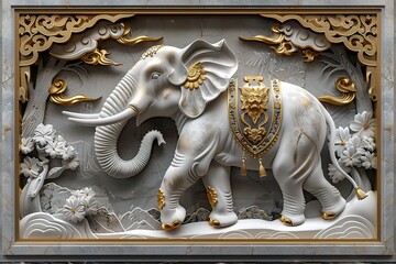 3 panel wall art, white and golden elephant, Chinese style, light luxury , 3D vector illustration