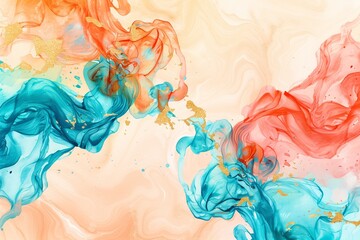 : A dynamic composition of swirling watercolor blots in shades of turquoise, indigo, coral, and gold, converging towards the center against a light peach background with subtle marbled textures.