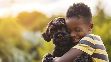 A touching scene of a little black boy hugging his dog on National Love Your Pet Day. The image radiates love, friendship, and the special bond between a pet and its owner.