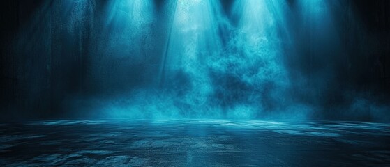 Dark street, wet asphalt, reflections of rays in the water. Abstract dark blue background, smoke, smog. Empty dark scene, neon light, spotlights. Concrete floor.