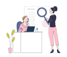 Two women at work in an office, one looking at a task plan and schedule on whiteboard, the other sitting at laptop and answering phone call. Line art style flat vector illustration on white background