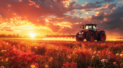Fototapeta premium Irrigation tractor at sunset, showcasing tech role in modern agriculture and food sustainability,generative ai