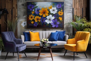 3 panel wall art, yellow , purple and white floral symphony