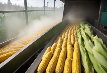 Freshly picked corn on the cob on a conveyor belt, with steam or mist rising from the surface