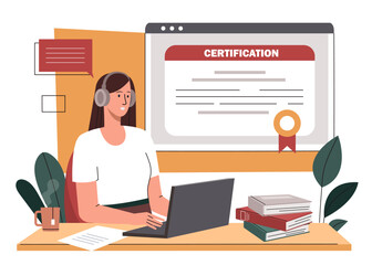 Young woman with documents for students. Woman working at laptop with Online Certification sign in background. Distant lessons, learning and training, studying and graduation. Flat vector illustration