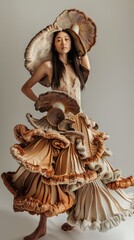 Elegant Asian Woman in Mushroom Inspired Couture Dress on Neutral Background