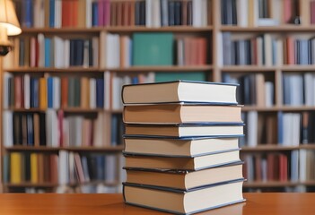 A stack of books on a table in front of a bookshelf