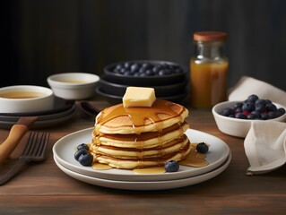 Stack of pancakes with berries and honey.