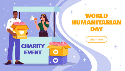 World humanitarian day poster. Man with donation box. Charity workers and activists. International world humanitarian day concept. Landing page or webpage design. Flat vector illustration