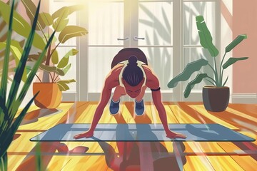 sporty woman doing pushups at home for wellness and fitness healthy lifestyle concept digital illustration