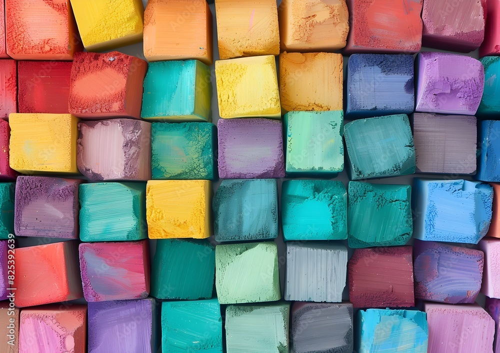 Aufkleber colorful pastel colored square shaped color chalk blocks are arranged in the shape of an intricate p