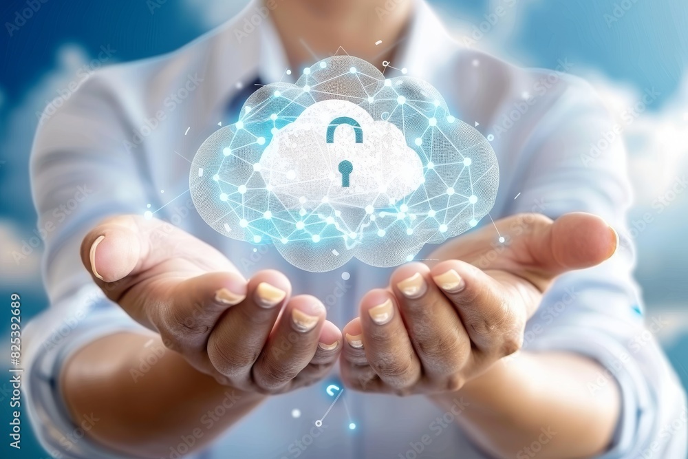 Aufkleber high tech cloud computing with data protection and integrated devices, illustrated with blue and whi