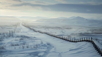 The Trans-Alaska Pipeline winds through a snow-covered expanse, contrasted against the early morning sky, with distant mountains in the background.