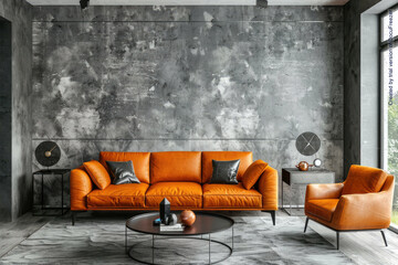 Interior of living room with green houseplants and sofas